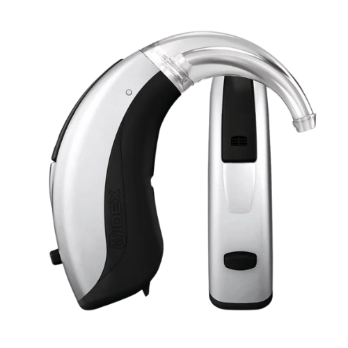 HdO-Hörsystem auf transparentem Hintergrund.