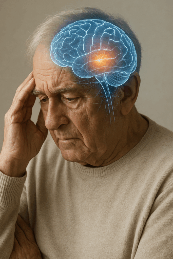 Fotografie eines älteren Herren der sich die Finger an die Schläfe hält, überlagert von einem symbolischen Gehirn in blau, weiß und strahlend gelb.