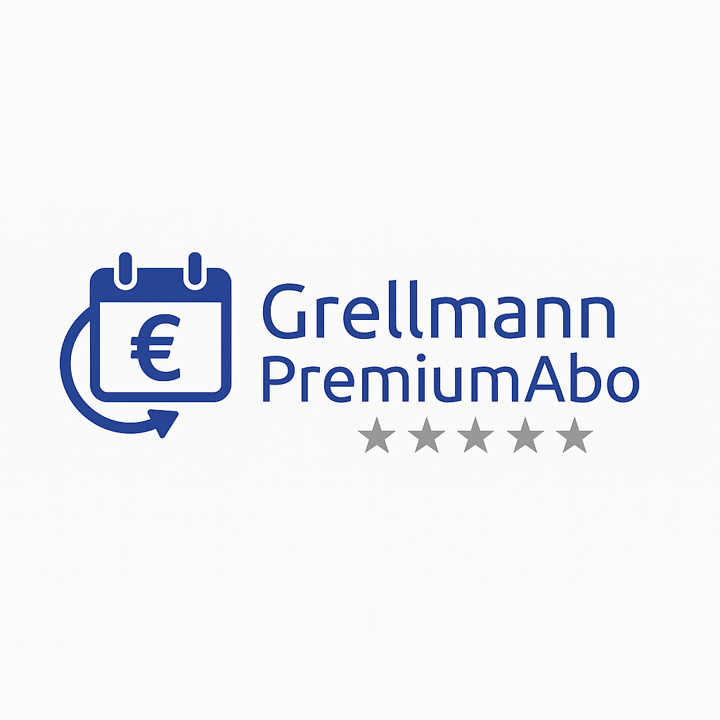 Schriftzug "Grellmann Premium Abo" in Blau mit einem Kalender mit Euro Symbol, sowie 5 grauen Sternen unter dem Schriftzug.