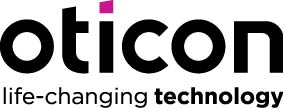 Logo oticon life-changing technology in schwarz und magenta.