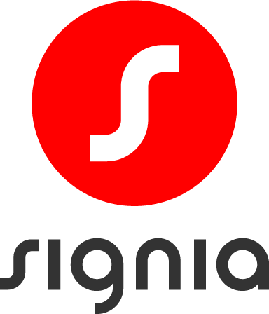 Signia Logo in rot, schwarz und weiß auf transparentem Hintergrund.