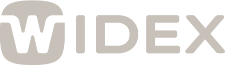 Logo Widex in Grau auf transparentem Hintergrund.